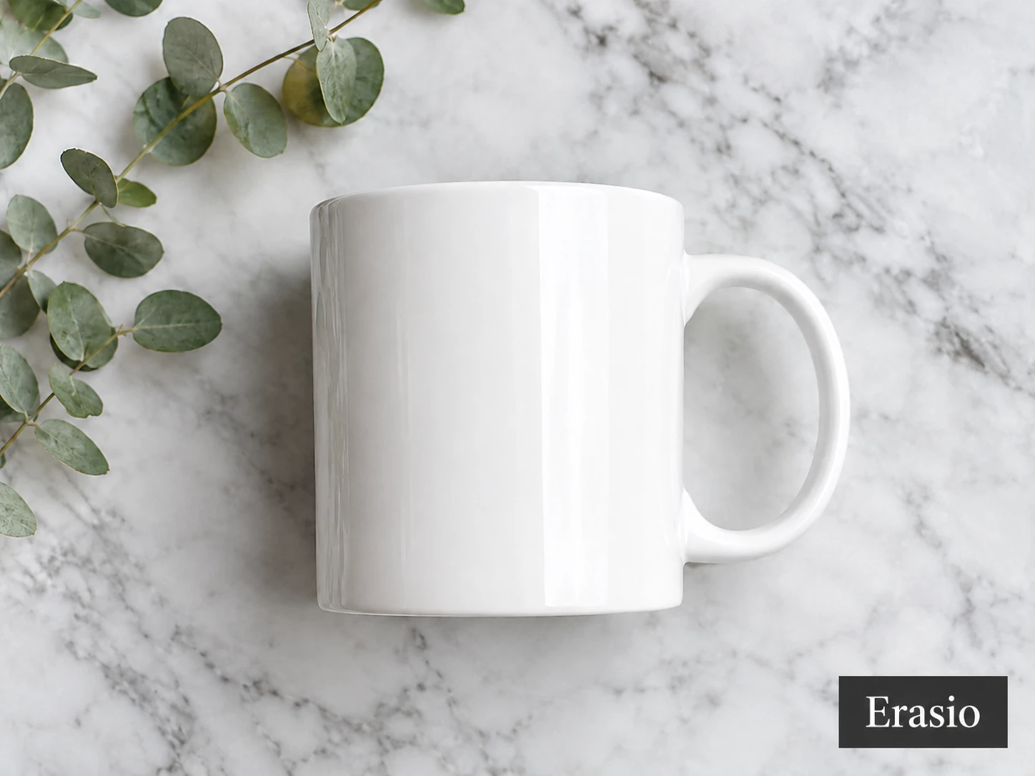 Coffee mug photo with an Erasio brand logo stamp
