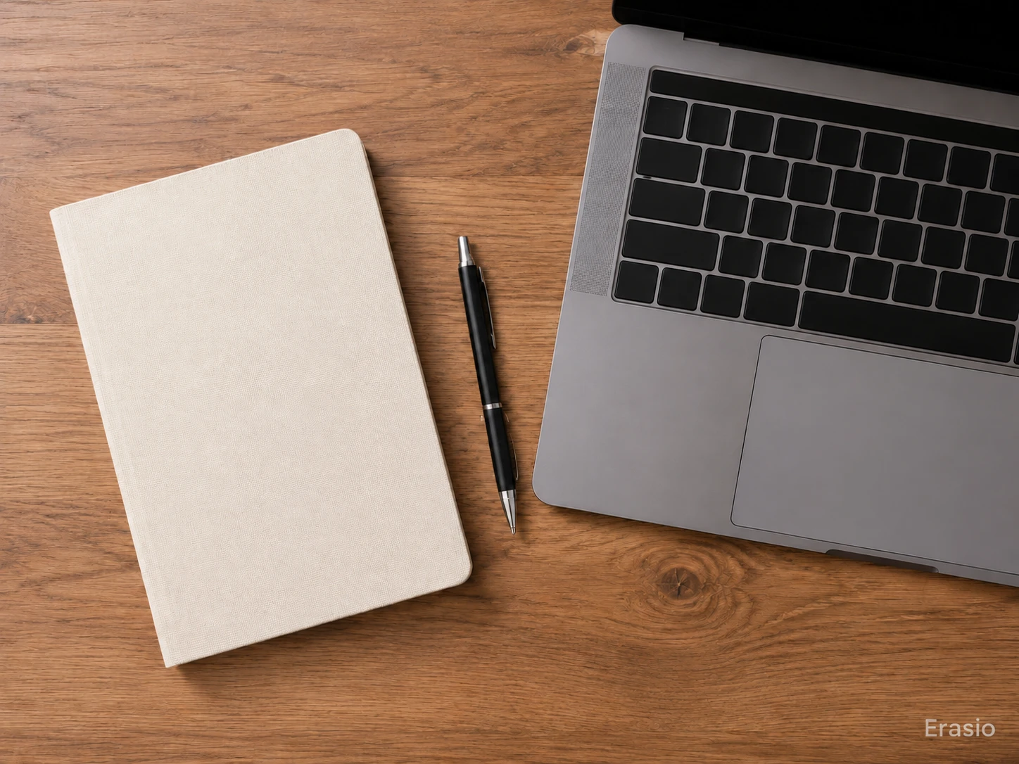 Wooden desk flat lay with a bottom-right light gray Erasio watermark