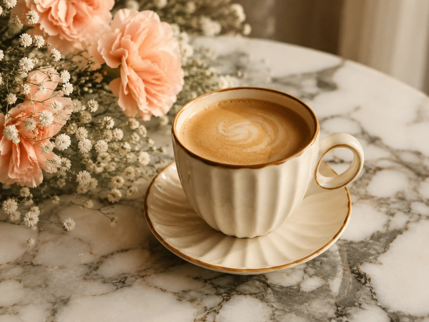Aesthetic coffee cup on a marble surface with flowers