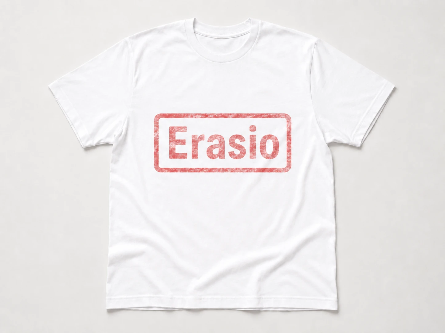 White t-shirt mockup with a centered red Erasio sample stamp
