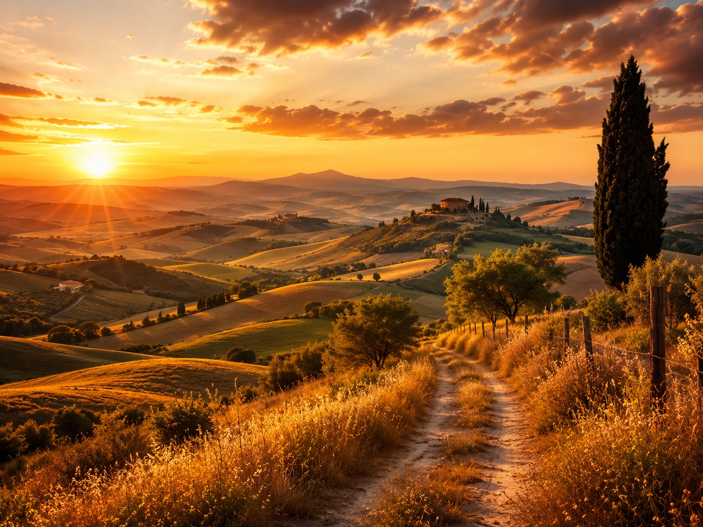 Golden hour landscape of rolling hills and warm sky